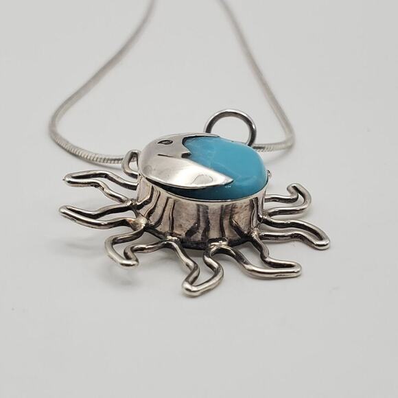 Sterling Silver Larimar Sun Moon Pendant 23" Snake Chain Necklace Made in Mexico - Picture 3 of 12